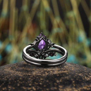 amethyst Pear Cut wedding ring black gold couple ring set promise rings his and her rings - anerjuly