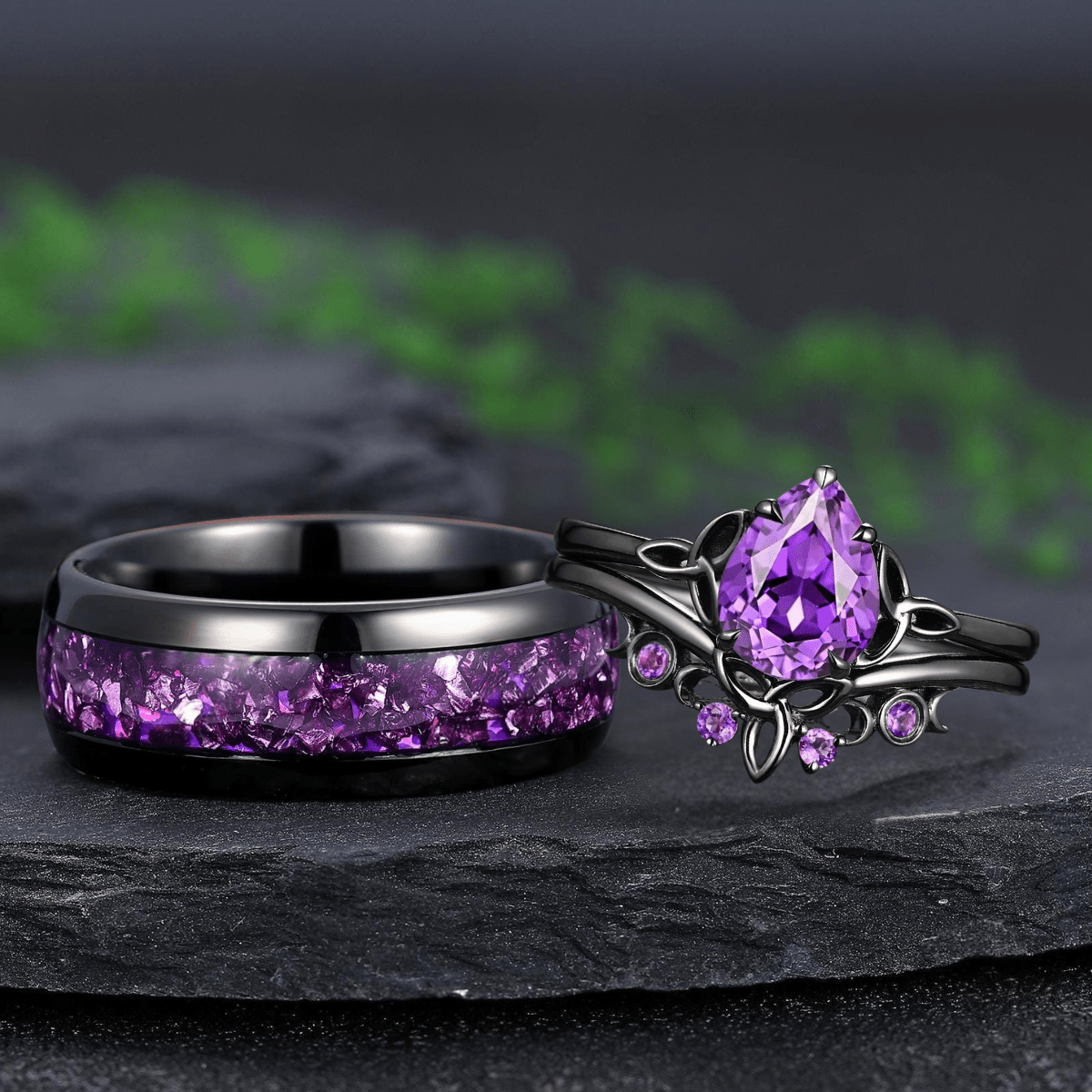 amethyst Pear Cut wedding ring black gold couple ring set promise rings his and her rings - anerjuly