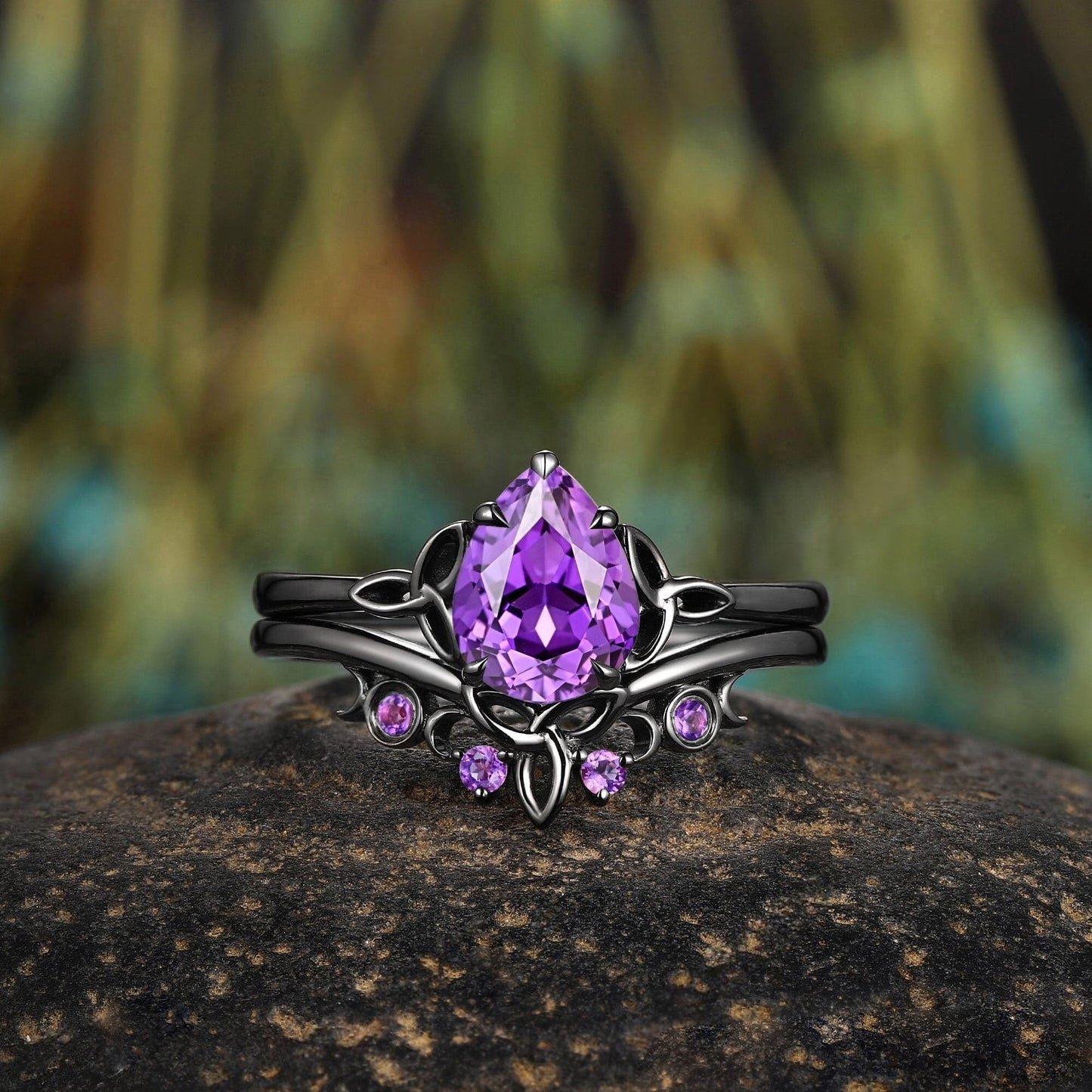 amethyst Pear Cut wedding ring black gold couple ring set promise rings his and her rings - anerjuly
