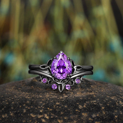amethyst Pear Cut wedding ring black gold couple ring set promise rings his and her rings - anerjuly