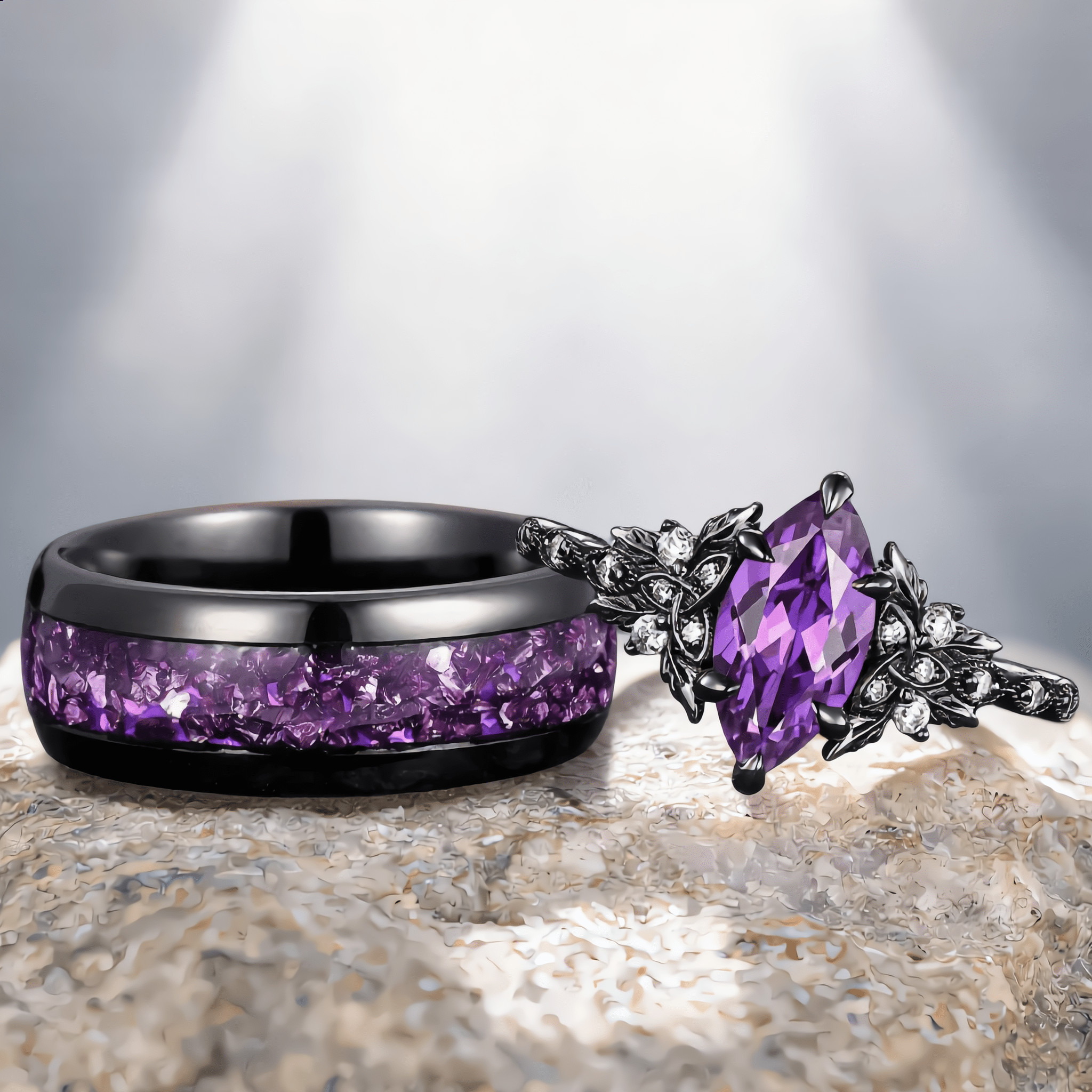 amethyst wedding ring marquise black gold couple ring set promise rings his and her rings - anerjuly