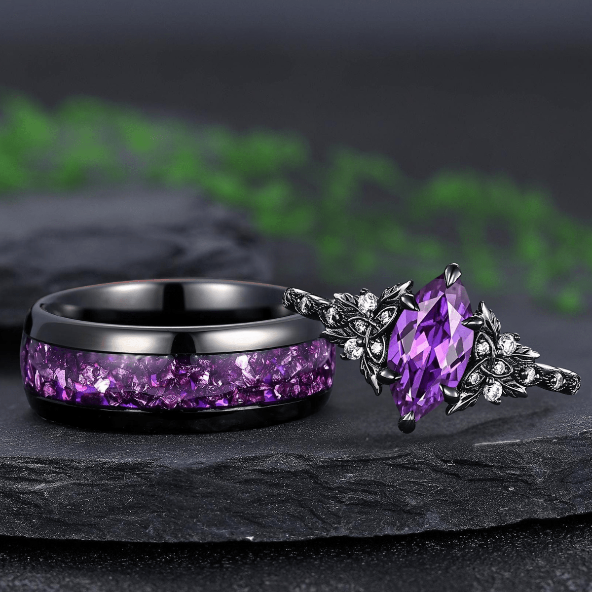 amethyst wedding ring marquise black gold couple ring set promise rings his and her rings - anerjuly