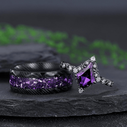Antique Amethyst Art Deco Couple Ring Set His and Her Wedding Band Engagement Ring matching rings - anerjuly