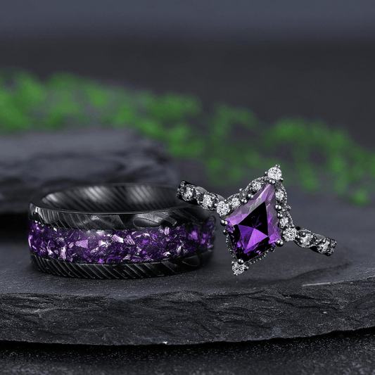Antique Amethyst Art Deco Couple Ring Set His and Her Wedding Band Engagement Ring matching rings - anerjuly