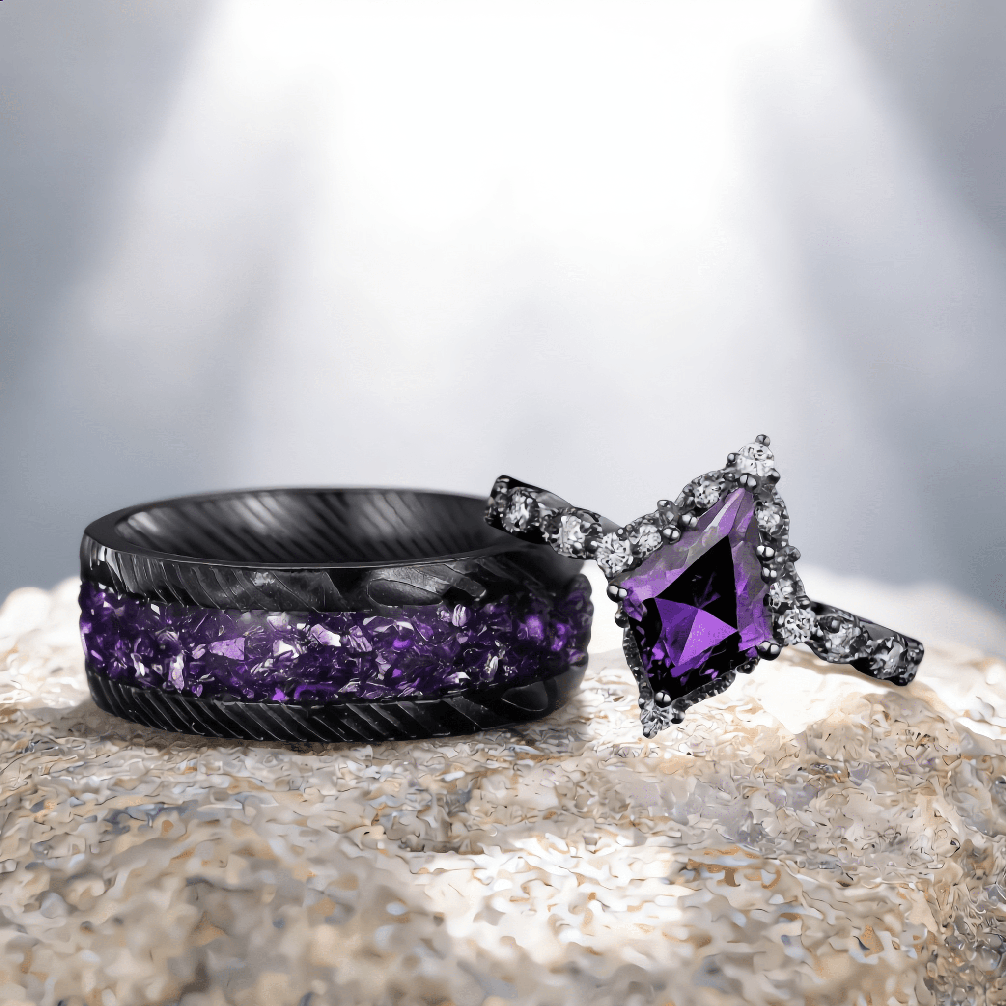 Antique Amethyst Art Deco Couple Ring Set His and Her Wedding Band Engagement Ring matching rings - anerjuly