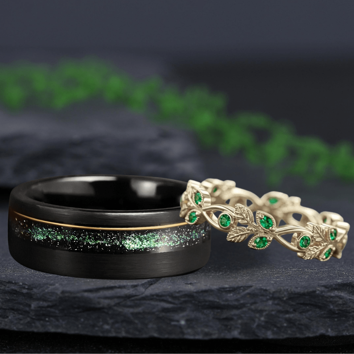 Antique Emerald Gold Couple Rings Tungsten Wedding Band Promise Ring - anerjuly