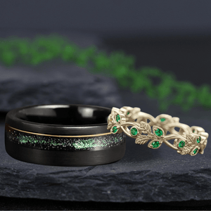 Antique Emerald Gold Couple Rings Tungsten Wedding Band Promise Ring - anerjuly