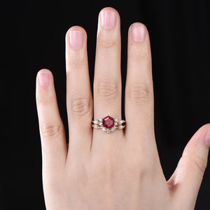 Antique Hexagon Cut Red Garnet Couple Rings Cluster Ring Nature Inspired Leaf Engagement Ring Set for Women Twig Wedding - anerjuly