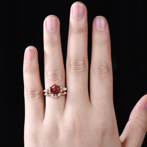 Antique Hexagon Cut Red Garnet Couple Rings Cluster Ring Nature Inspired Leaf Engagement Ring Set for Women Twig Wedding - anerjuly