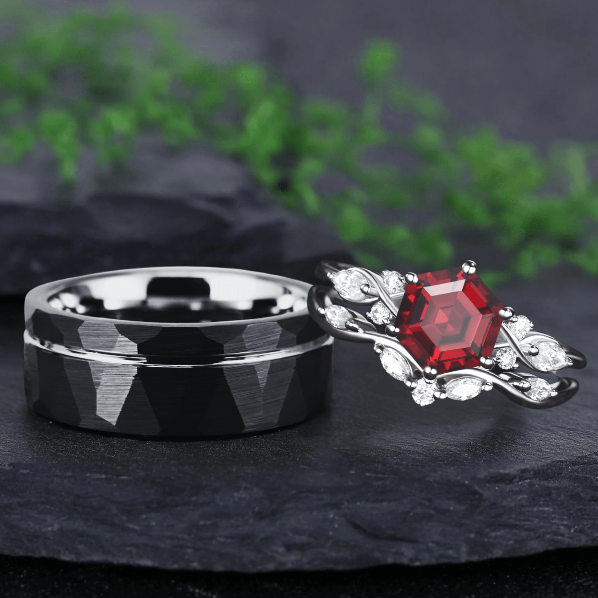Antique Hexagon Cut Red Garnet Couple Rings Cluster Ring Nature Inspired Leaf Engagement Ring Set for Women Twig Wedding - anerjuly
