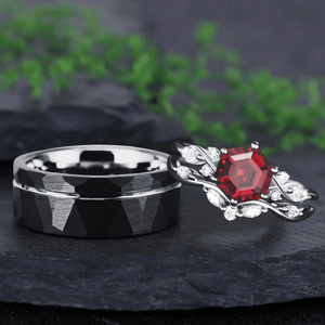Antique Hexagon Cut Red Garnet Couple Rings Cluster Ring Nature Inspired Leaf Engagement Ring Set for Women Twig Wedding - anerjuly