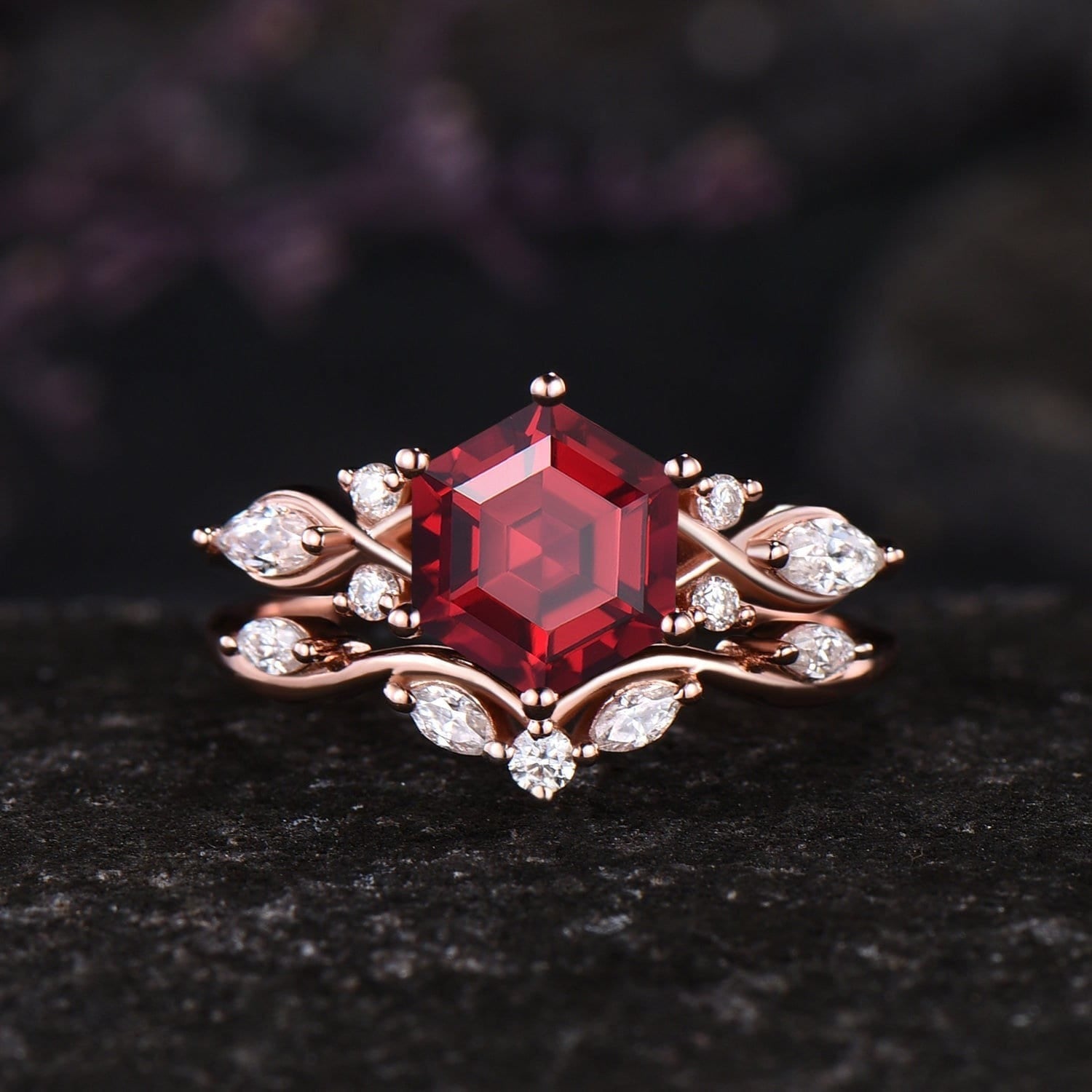 Antique Hexagon Cut Red Garnet Couple Rings Cluster Ring Nature Inspired Leaf Engagement Ring Set for Women Twig Wedding - anerjuly