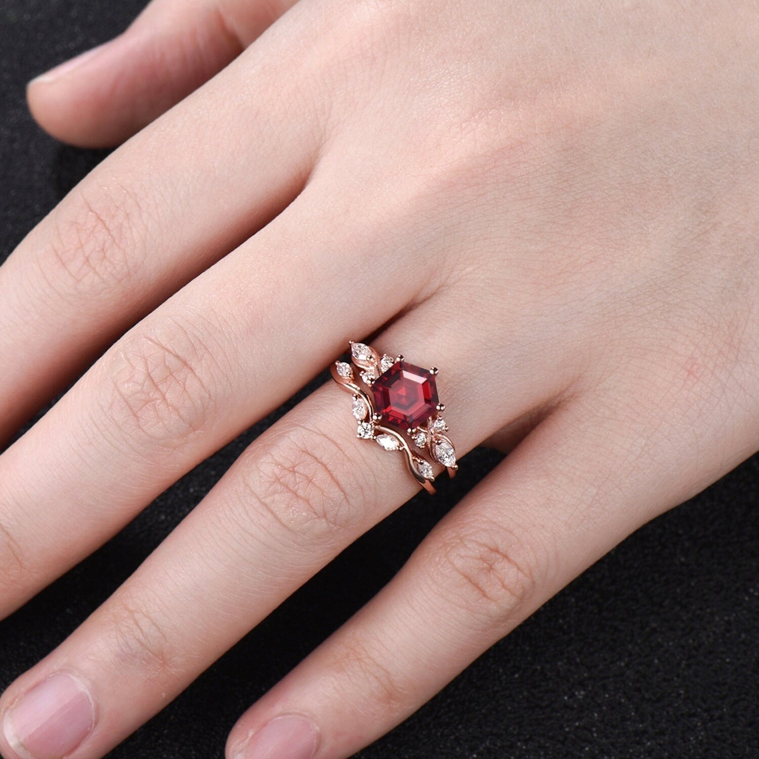 Antique Hexagon Cut Red Garnet Couple Rings Cluster Ring Nature Inspired Leaf Engagement Ring Set for Women Twig Wedding - anerjuly