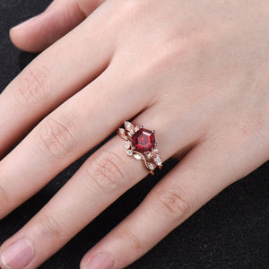 Antique Hexagon Cut Red Garnet Engagement Ring Set Leaf Gold Women Bridal Promise Ring - anerjuly