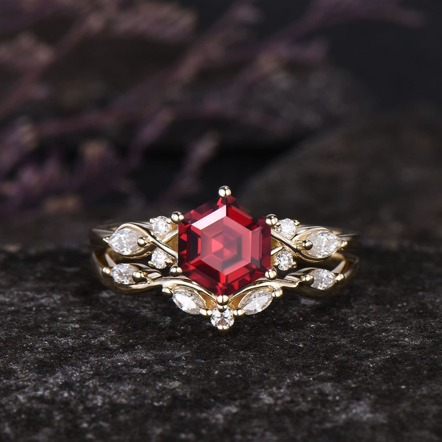 Antique Hexagon Cut Red Garnet Engagement Ring Set Leaf Gold Women Bridal Promise Ring - anerjuly