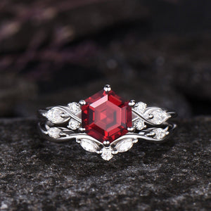 Antique Hexagon Cut Red Garnet Engagement Ring Set Leaf Gold Women Bridal Promise Ring - anerjuly