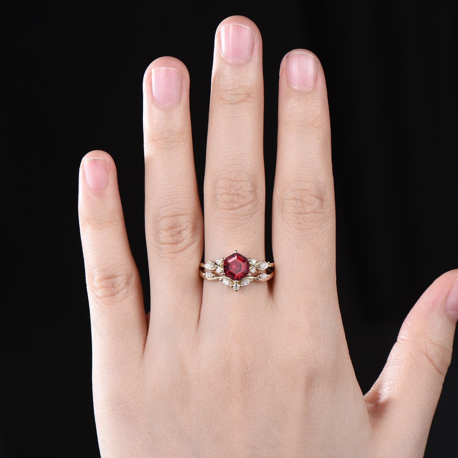 Antique Hexagon Cut Red Garnet Engagement Ring Set Leaf Gold Women Bridal Promise Ring - anerjuly