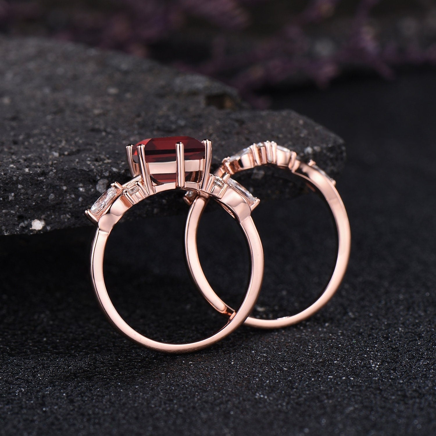 Antique Hexagon Cut Red Garnet Engagement Ring Set Leaf Gold Women Bridal Promise Ring - anerjuly