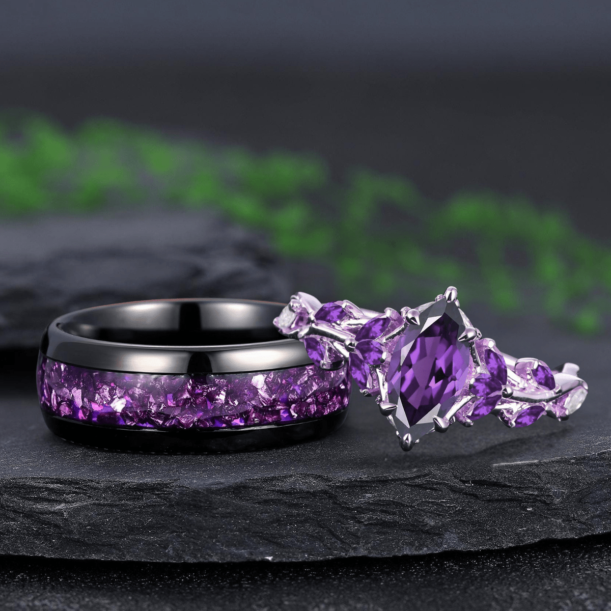 Antique Marquise Cut Amethyst Art Deco Couple Ring Set His and Her Engagement Ring matching rings - anerjuly