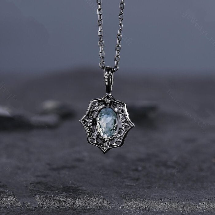 Antique Moss Agate Necklace, Vintage Moss Agate Jewelry, Unique Personalized Pendant for Women, Anniversary Gifts for Her Birthday Jewel - anerjuly