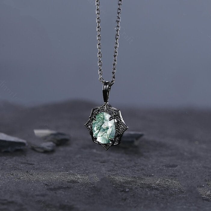 Antique Moss Agate Necklace, Vintage Moss Agate Jewelry, Unique Personalized Pendant for Women, Anniversary Gifts for Her Birthday Jewel - anerjuly