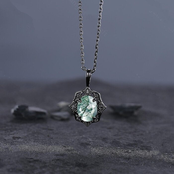 Antique Moss Agate Necklace, Vintage Moss Agate Jewelry, Unique Personalized Pendant for Women, Anniversary Gifts for Her Birthday Jewel - anerjuly