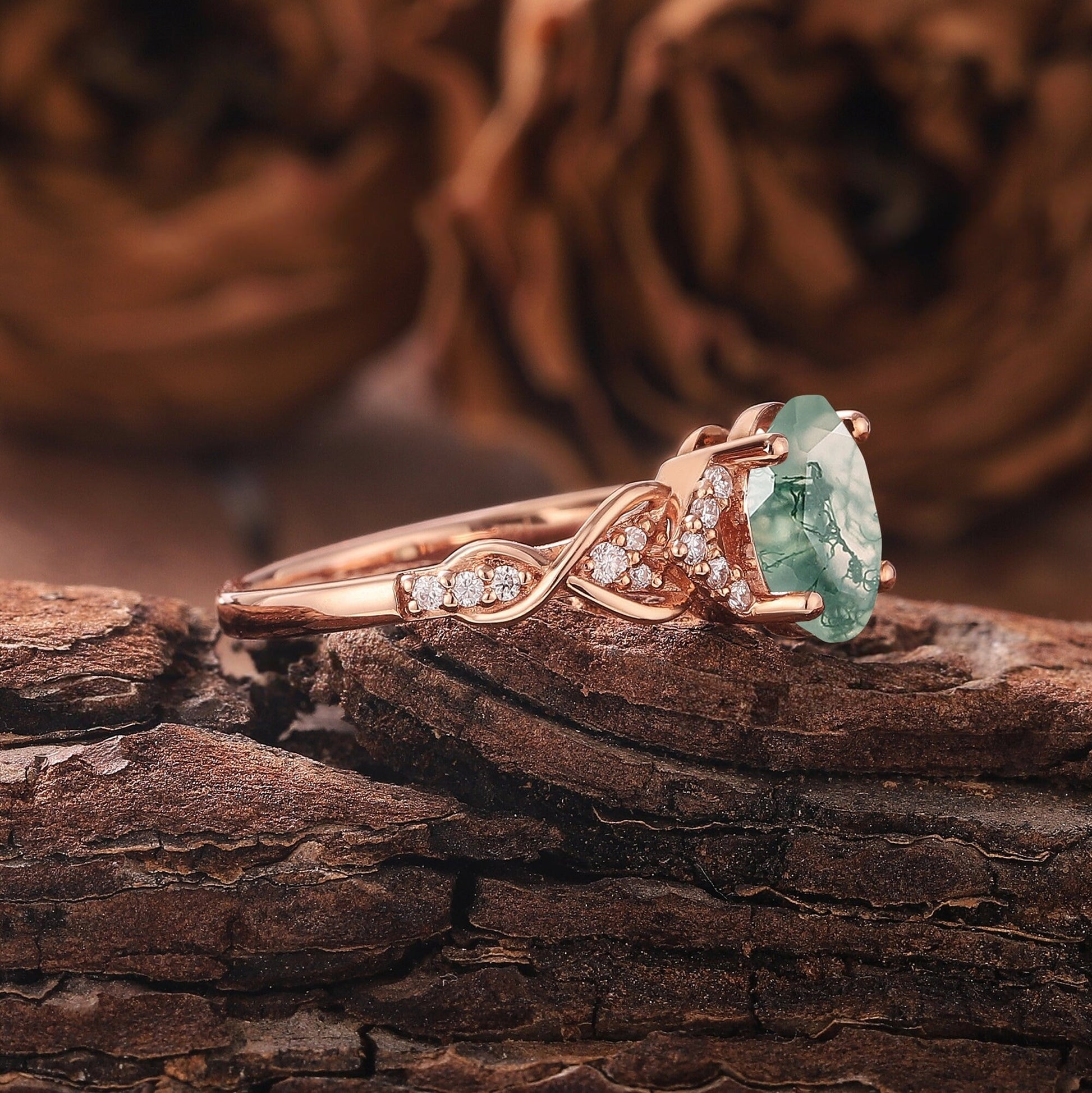 Antique Oval Cut Natural Moss Agate Engagement Ring Vintage Halo Leaf Nature Inspired Ring Rose Gold Ring - anerjuly