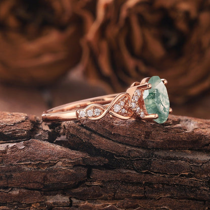 Antique Oval Cut Natural Moss Agate Engagement Ring Vintage Halo Leaf Nature Inspired Ring Rose Gold Ring - anerjuly