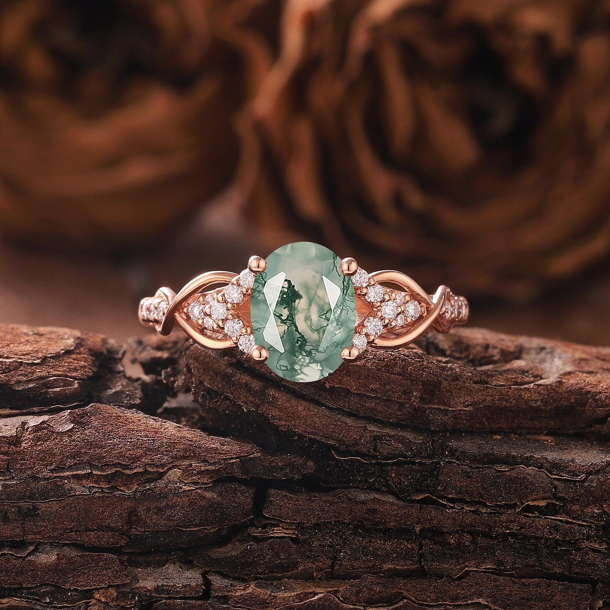 Antique Oval Cut Natural Moss Agate Engagement Ring Vintage Halo Leaf Nature Inspired Ring Rose Gold Ring - anerjuly