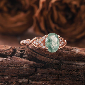 Antique Oval Cut Natural Moss Agate Engagement Ring Vintage Halo Leaf Nature Inspired Ring Rose Gold Ring - anerjuly