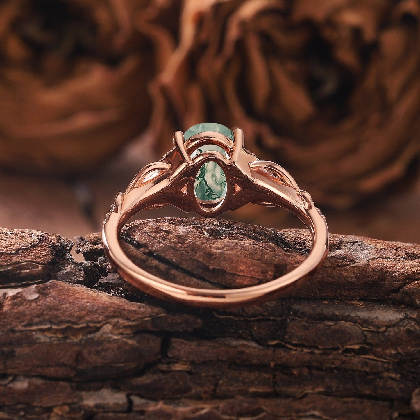 Antique Oval Cut Natural Moss Agate Engagement Ring Vintage Halo Leaf Nature Inspired Ring Rose Gold Ring - anerjuly