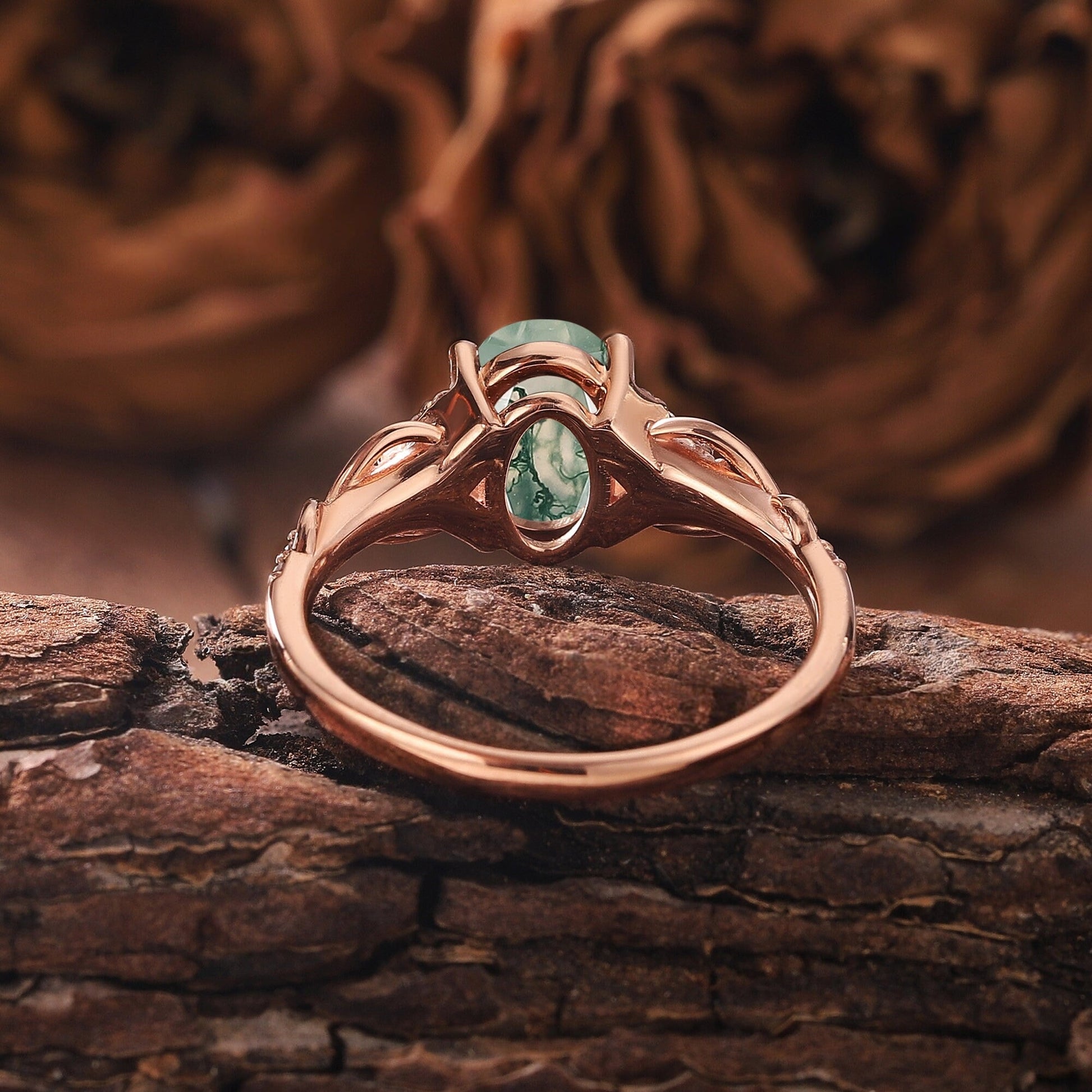 Antique Oval Cut Natural Moss Agate Engagement Ring Vintage Halo Leaf Nature Inspired Ring Rose Gold Ring - anerjuly