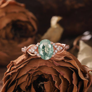 Antique Oval Cut Natural Moss Agate Engagement Ring Vintage Halo Leaf Nature Inspired Ring Rose Gold Ring - anerjuly