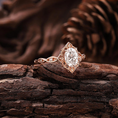 Antique Oval Shaped Moissanite Engagement Ring Moissanite Wedding Ring Cluster Ring Art Deco Rose Gold Ring Anniversary Gift for Her - anerjuly