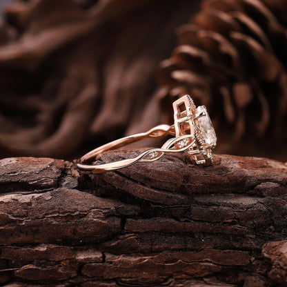Antique Oval Shaped Moissanite Engagement Ring Moissanite Wedding Ring Cluster Ring Art Deco Rose Gold Ring Anniversary Gift for Her - anerjuly