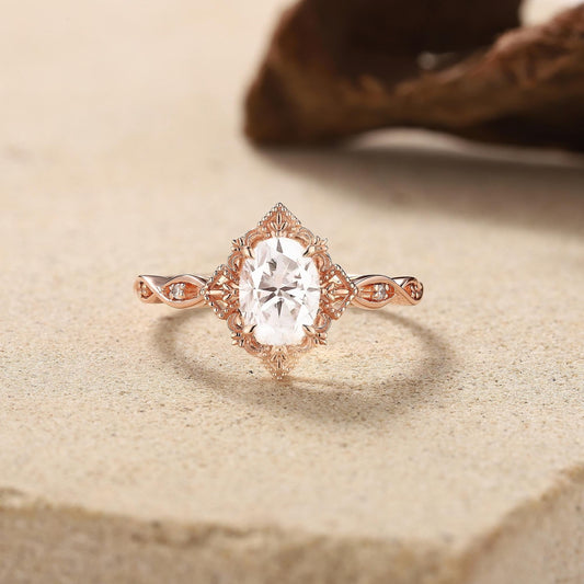 Antique Oval Shaped Moissanite Engagement Ring Moissanite Wedding Ring Cluster Ring Art Deco Rose Gold Ring Anniversary Gift for Her - anerjuly