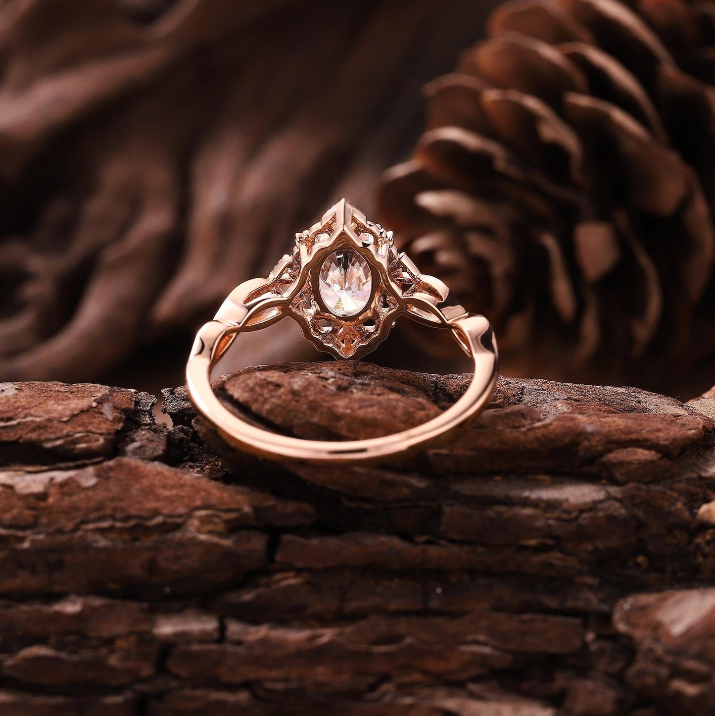 Antique Oval Shaped Moissanite Engagement Ring Moissanite Wedding Ring Cluster Ring Art Deco Rose Gold Ring Anniversary Gift for Her - anerjuly