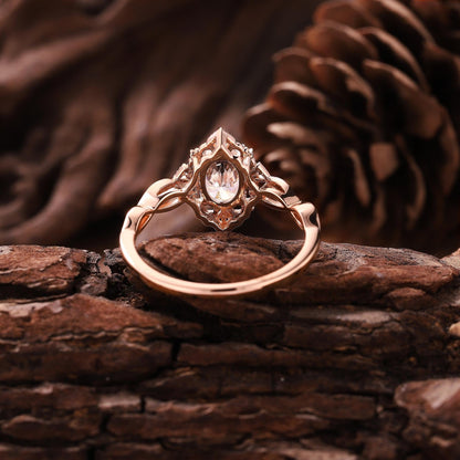 Antique Oval Shaped Moissanite Engagement Ring Moissanite Wedding Ring Cluster Ring Art Deco Rose Gold Ring Anniversary Gift for Her - anerjuly