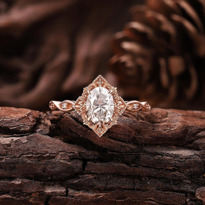 Antique Oval Shaped Moissanite Engagement Ring Moissanite Wedding Ring Cluster Ring Art Deco Rose Gold Ring Anniversary Gift for Her - anerjuly