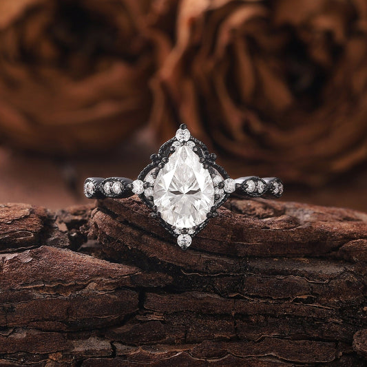 Antique Pear Cut Shaped Moissanite Engagement Ring Moissanite Wedding Ring Cluster Ring Art Deco Ring - anerjuly