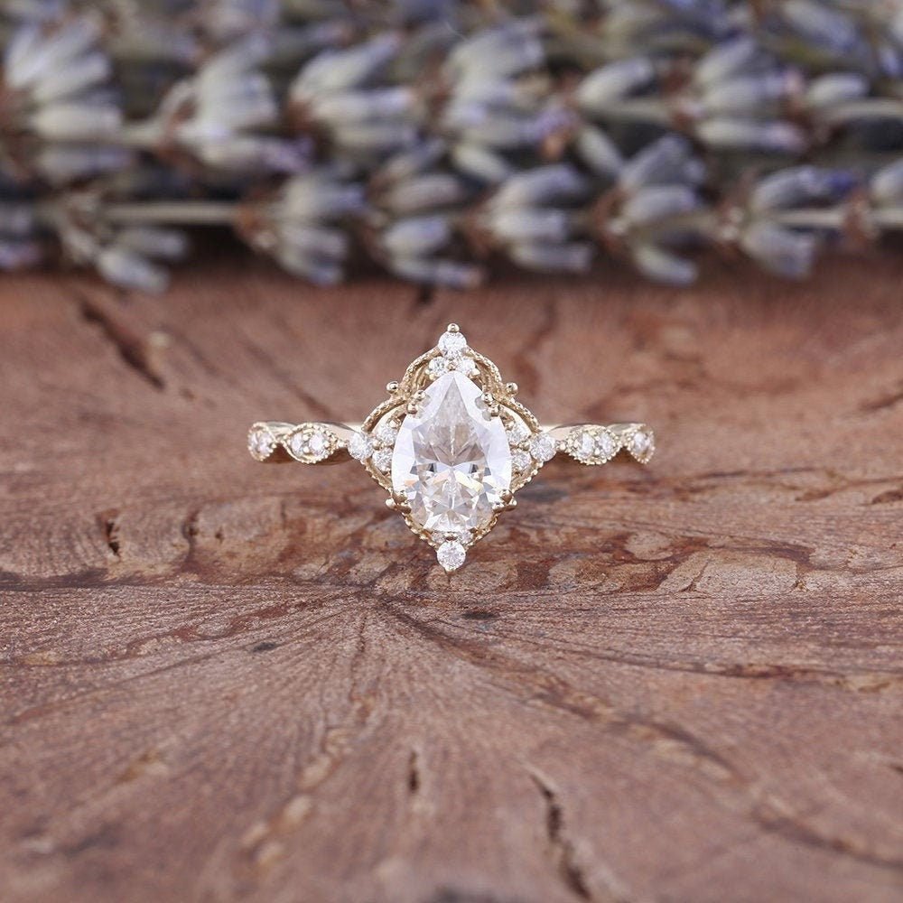 Antique Pear Cut Shaped Moissanite Engagement Ring Moissanite Wedding Ring Cluster Ring Art Deco Ring - anerjuly
