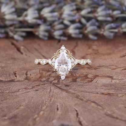 Antique Pear Cut Shaped Moissanite Engagement Ring Moissanite Wedding Ring Cluster Ring Art Deco Ring - anerjuly