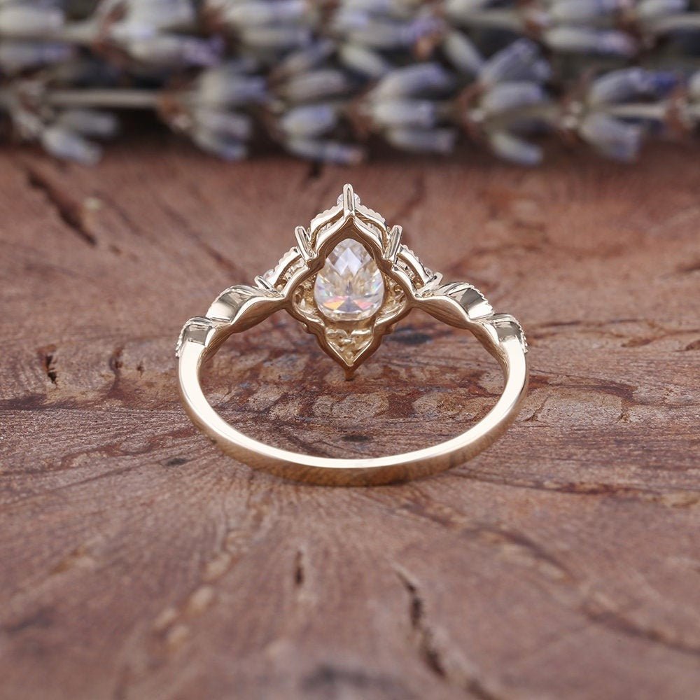 Antique Pear Cut Shaped Moissanite Engagement Ring Moissanite Wedding Ring Cluster Ring Art Deco Ring - anerjuly