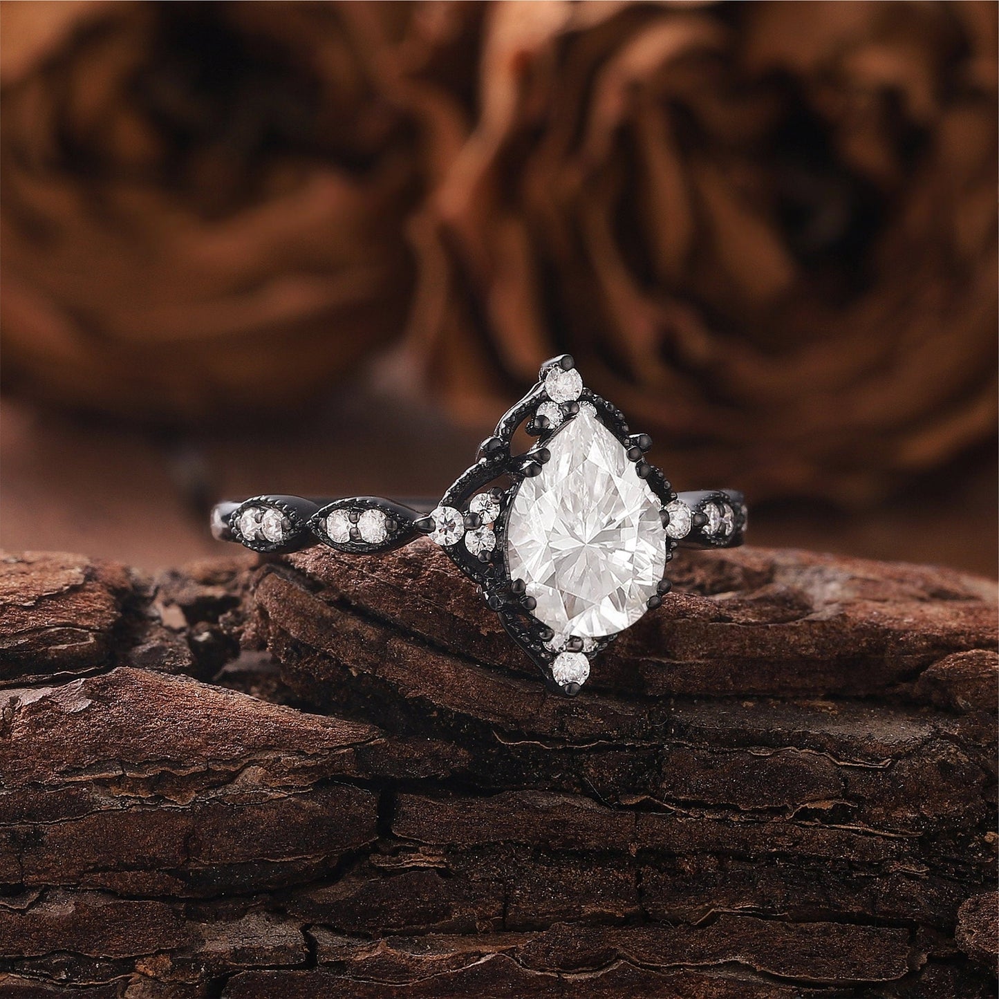 Antique Pear Cut Shaped Moissanite Engagement Ring Moissanite Wedding Ring Cluster Ring Art Deco Ring - anerjuly