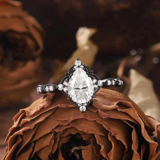 Antique Pear Cut Shaped Moissanite Engagement Ring Moissanite Wedding Ring Cluster Ring Art Deco Ring - anerjuly