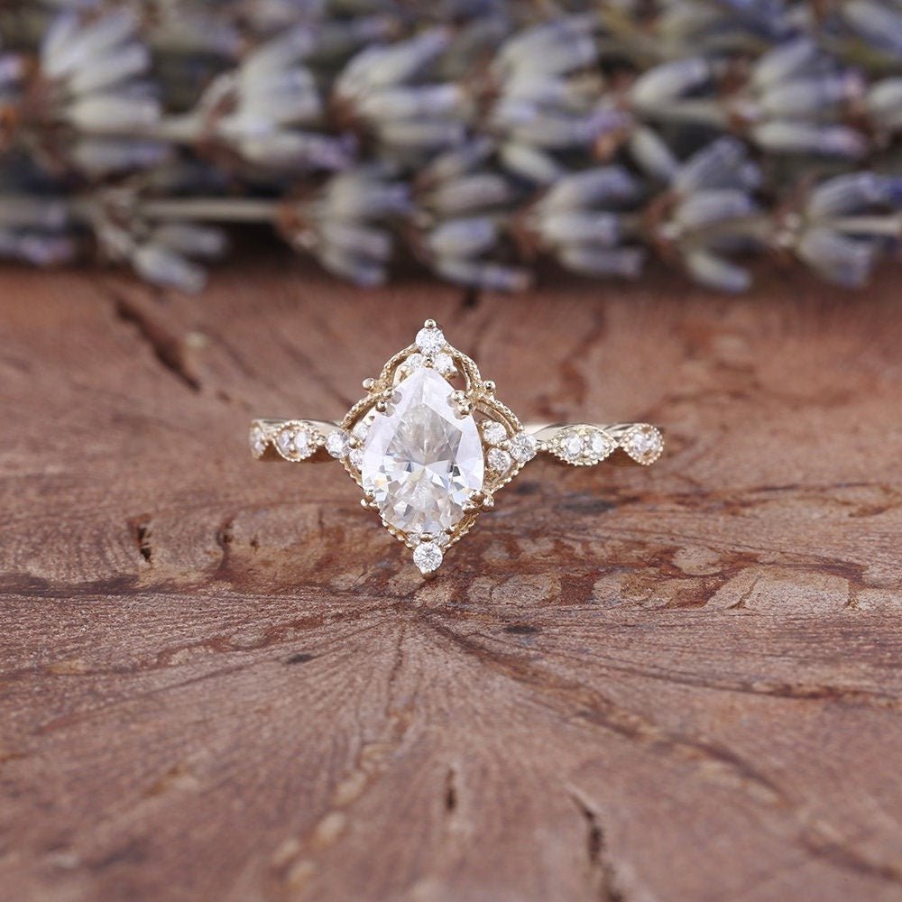 Antique Pear Cut Shaped Moissanite Engagement Ring Moissanite Wedding Ring Cluster Ring Art Deco Ring - anerjuly