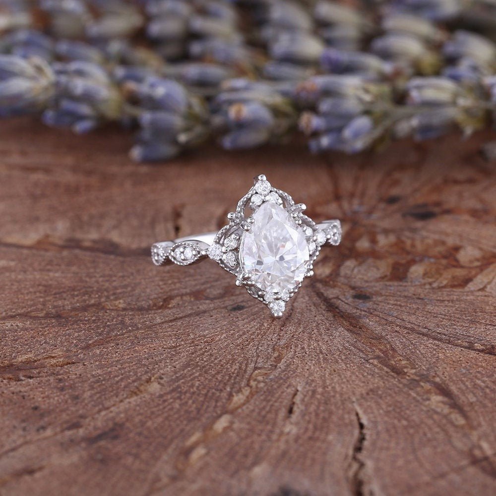 Antique Pear Cut Shaped Moissanite Engagement Ring Moissanite Wedding Ring Cluster Ring Art Deco Ring - anerjuly