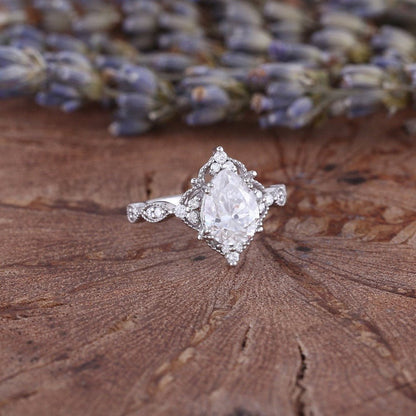 Antique Pear Cut Shaped Moissanite Engagement Ring Moissanite Wedding Ring Cluster Ring Art Deco Ring - anerjuly