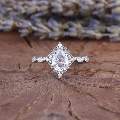Antique Pear Cut Shaped Moissanite Engagement Ring Moissanite Wedding Ring Cluster Ring Art Deco Ring - anerjuly