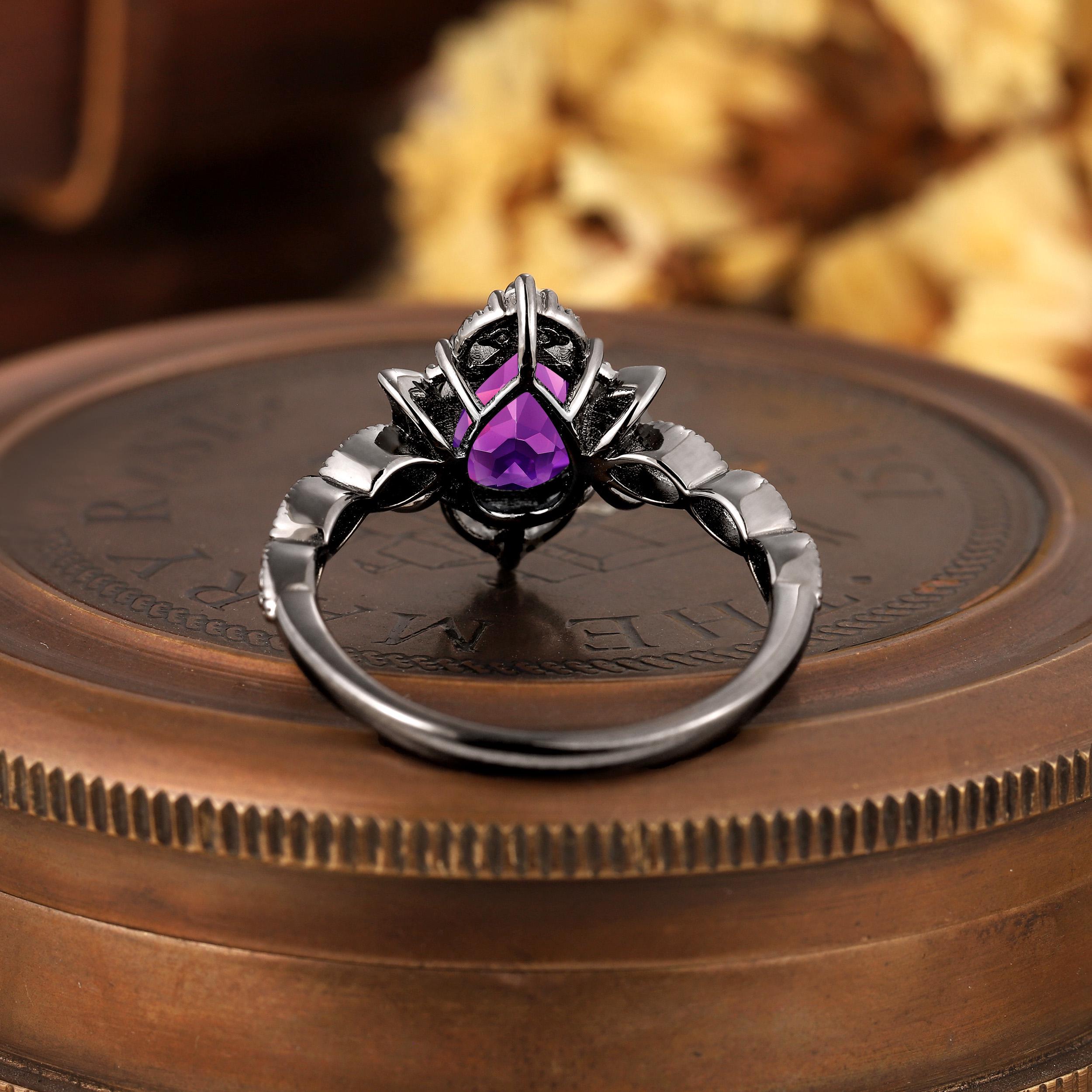 Art Deco amethyst wedding ring black gold couple ring set promise rings his and her rings - anerjuly